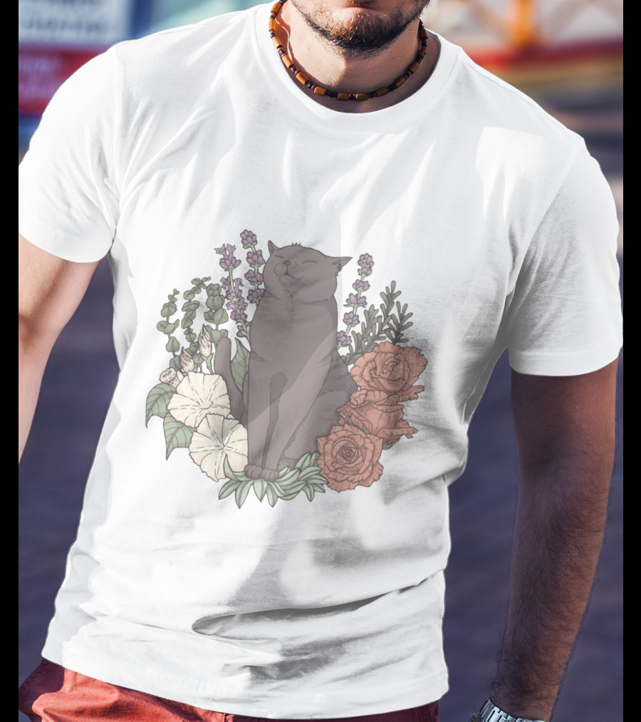 Blissful Cat Surrounded By Autumn Floral Breeze T-Shirt
