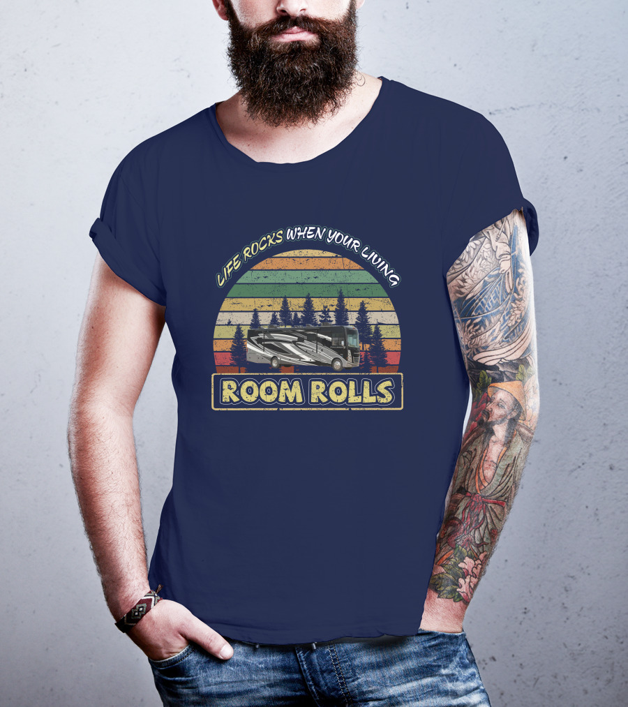 LIFE ROCKS WHEN YOUR LIVING ROOM ROLLS Thor Challenger 37FH Retro RV Forest Sunset T-Shirt