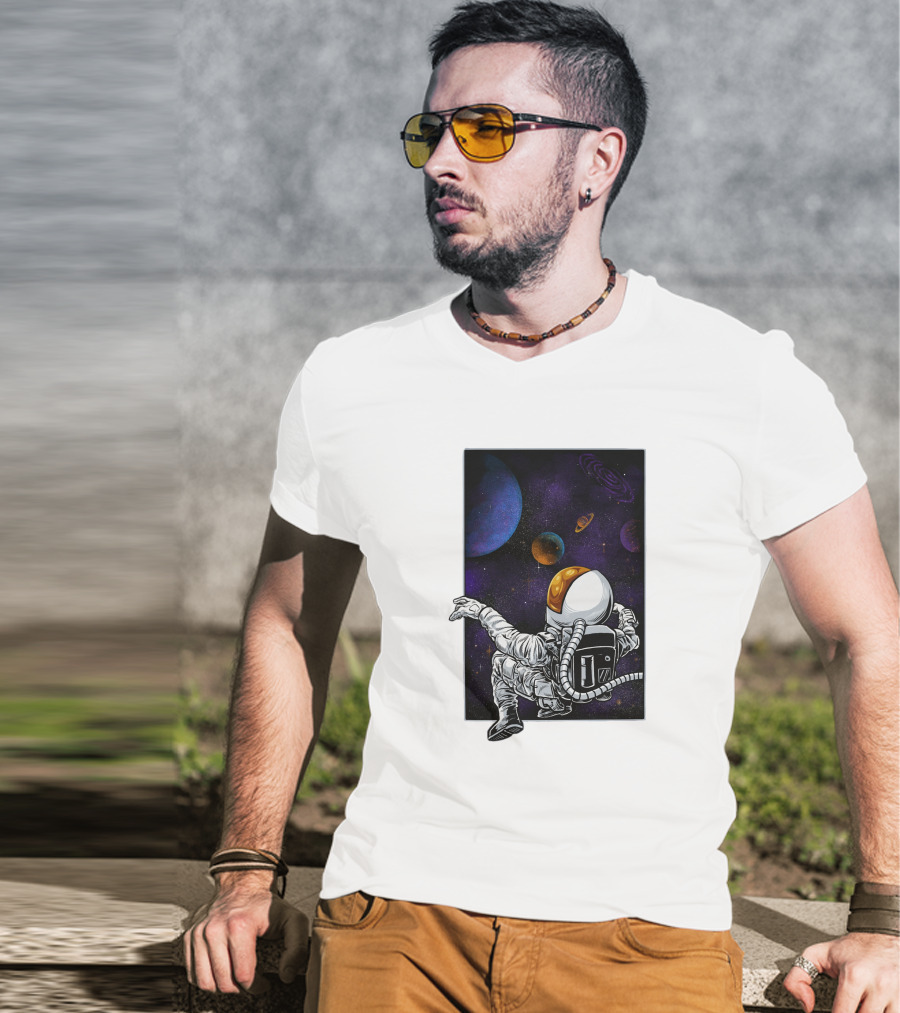 Khimyra Space Dimension Astronaut Planets Background T-Shirt