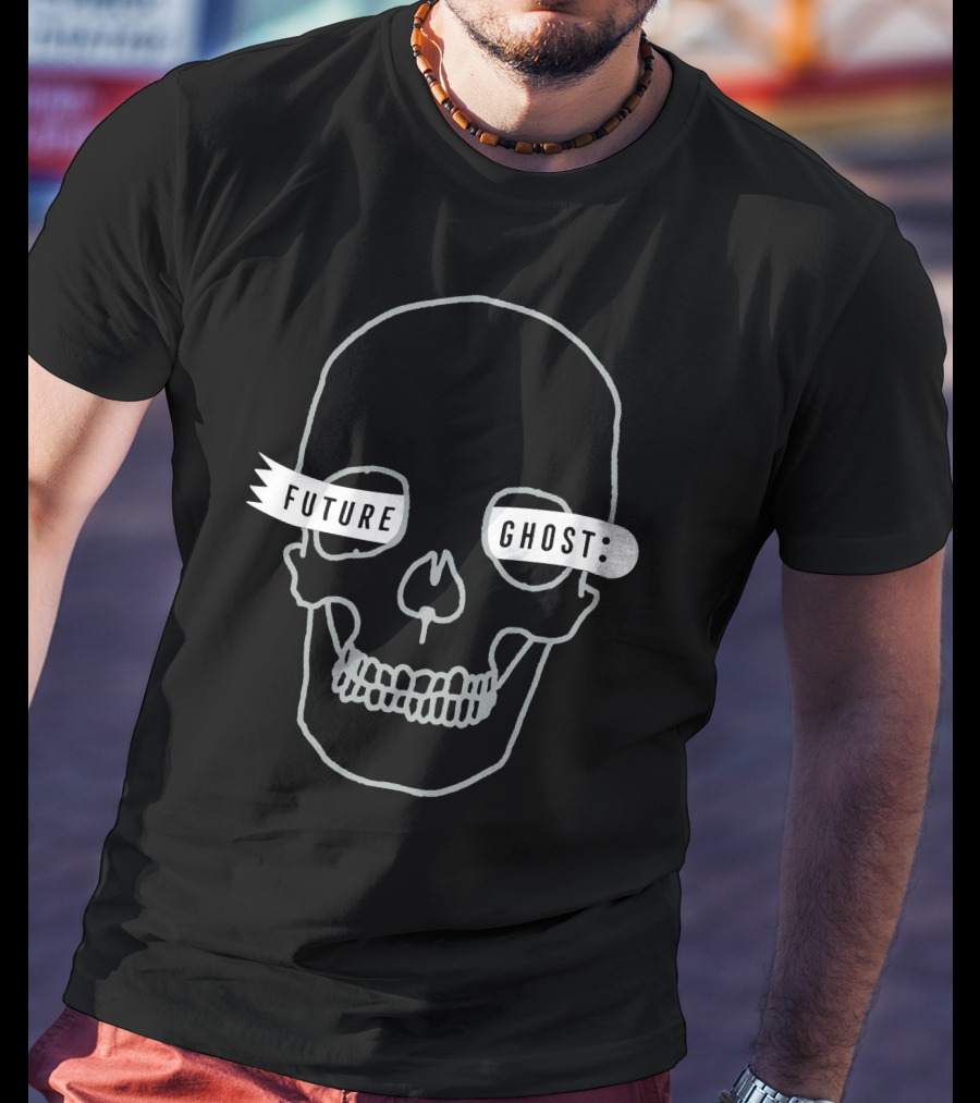 Future Ghost Skull Illustration With Banner Text T-Shirt