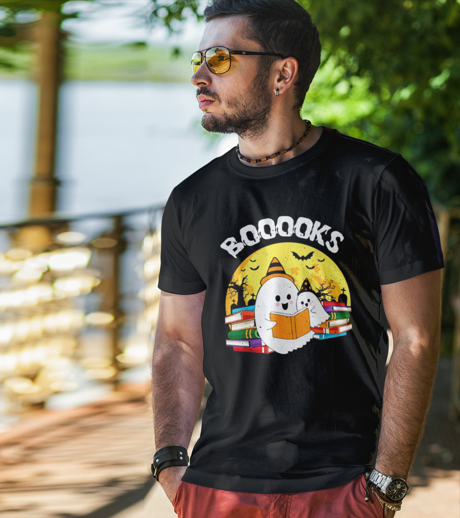 Booooks Ghost Reading Books Halloween Theme With Stacked Books And Bats T-Shirt