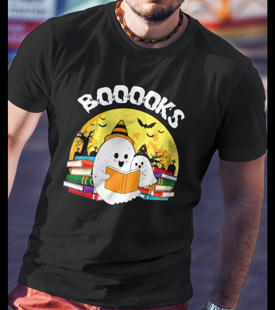Booooks Ghost Reading Books Halloween Theme With Stacked Books And Bats T-Shirt