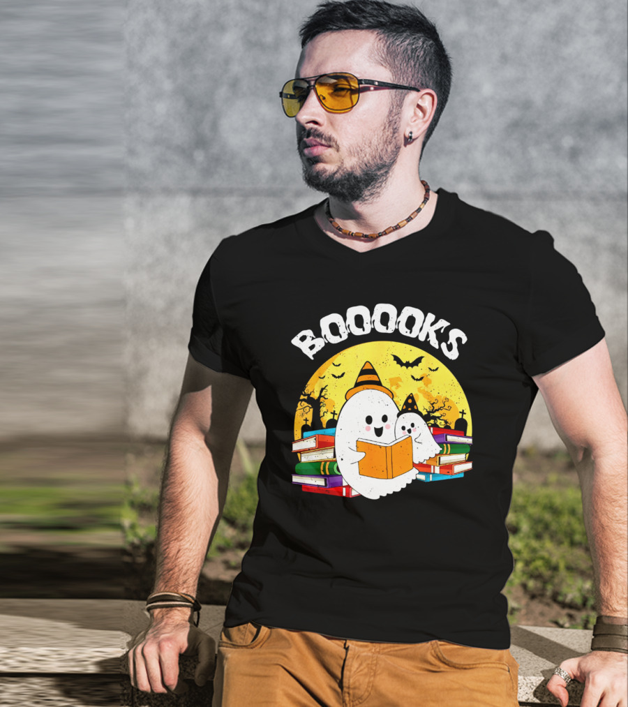 Booooks Ghost Reading Books Halloween Theme With Stacked Books And Bats T-Shirt