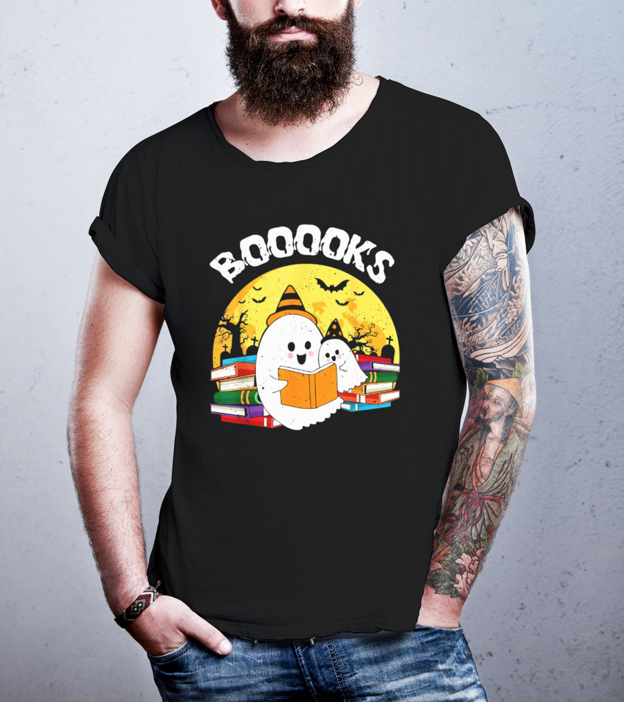 Booooks Ghost Reading Books Halloween Theme With Stacked Books And Bats T-Shirt