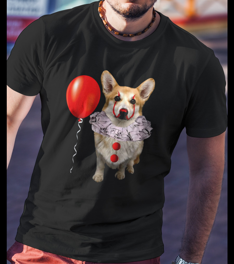 Red Balloon Corgi Scary Clown Funny Costume T-Shirt