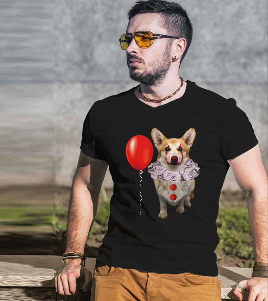 Red Balloon Corgi Scary Clown Funny Costume T-Shirt