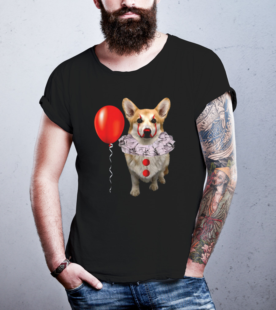 Red Balloon Corgi Scary Clown Funny Costume T-Shirt