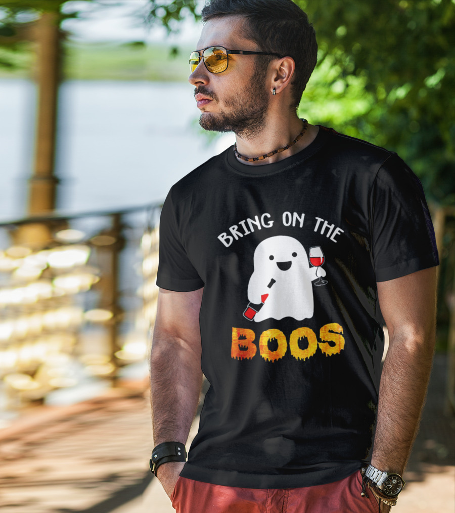 Bring On The Boos Funny Wine Ghost Holding Bottle And Glass Of Red Wine T-Shirt