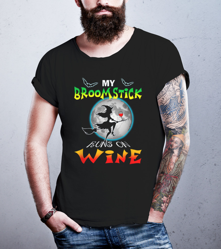My Broomstick Runs On Wine Halloween Wine Lover Moon And Witch T-Shirt