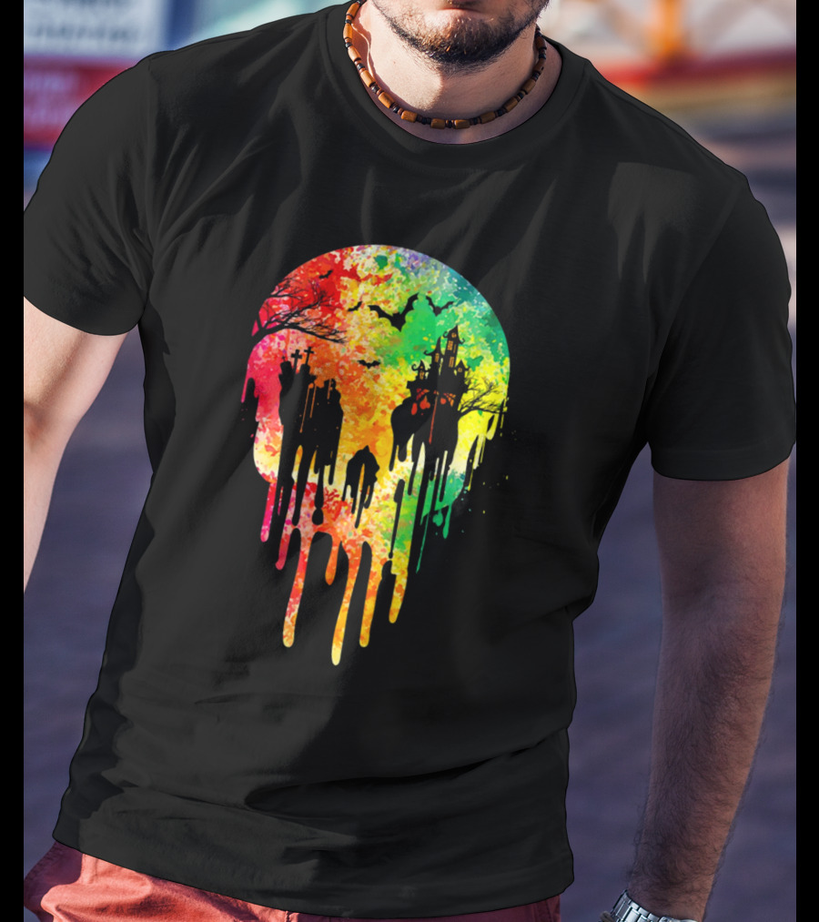 Melting Skull Colorful Night With Haunted Trees And Bats T-Shirt