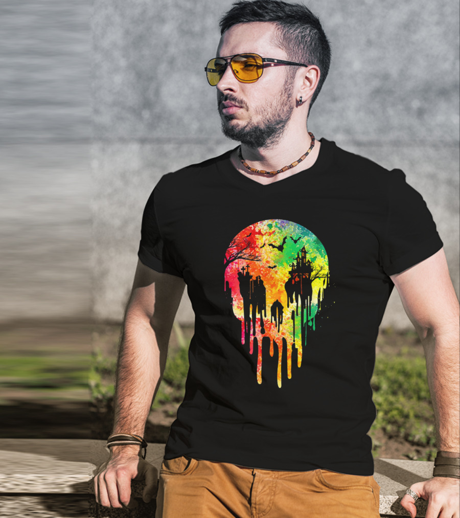 Melting Skull Colorful Night With Haunted Trees And Bats T-Shirt