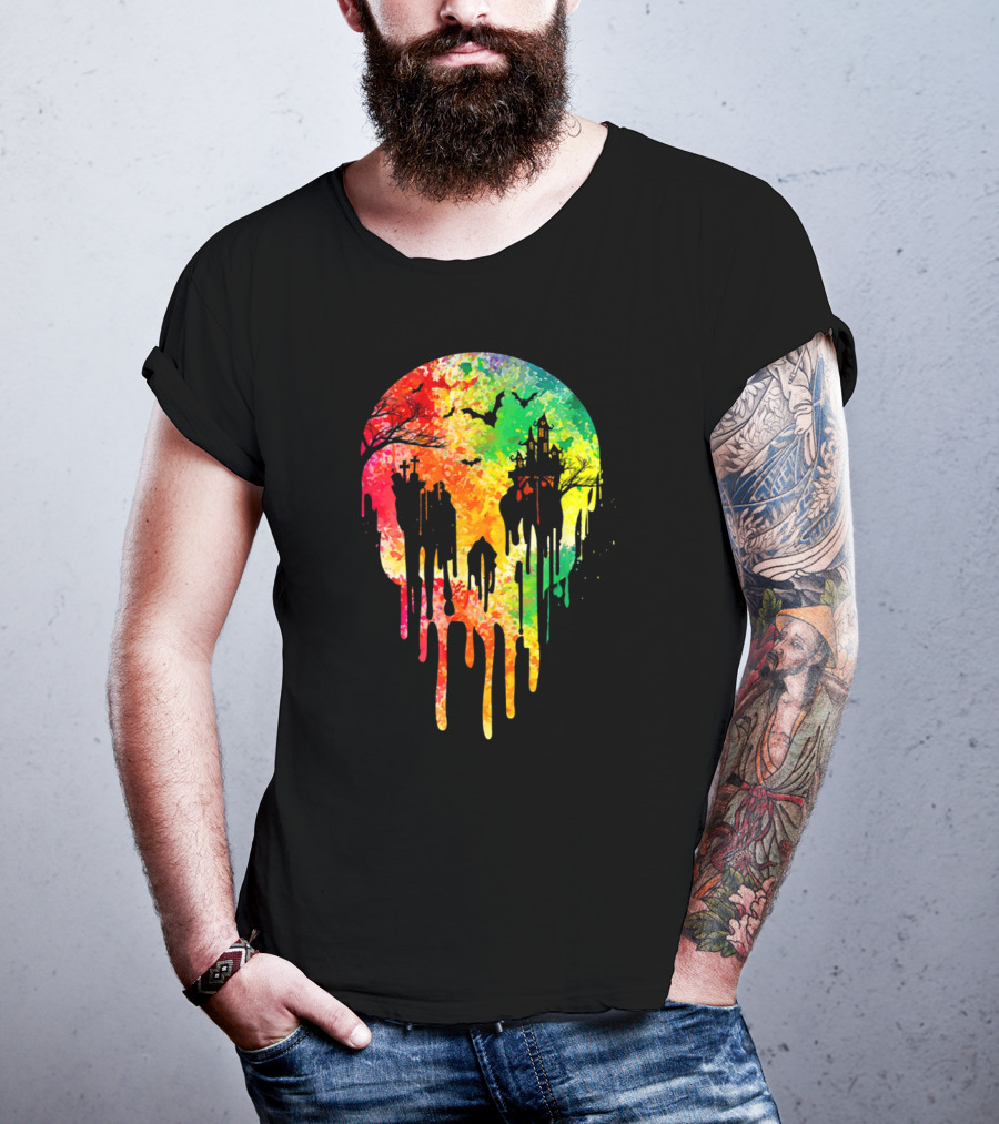 Melting Skull Colorful Night With Haunted Trees And Bats T-Shirt