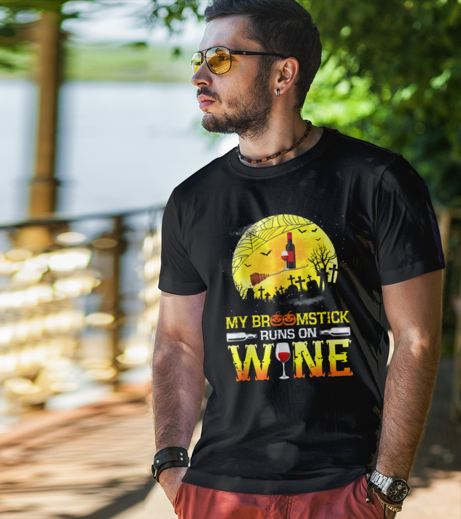 My Broomstick Runs On Wine Halloween Moon Pumpkins Graveyard Scene T-Shirt