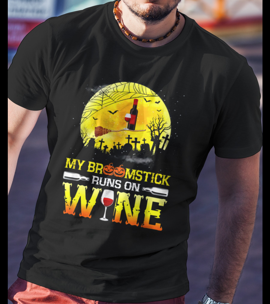 My Broomstick Runs On Wine Halloween Moon Pumpkins Graveyard Scene T-Shirt