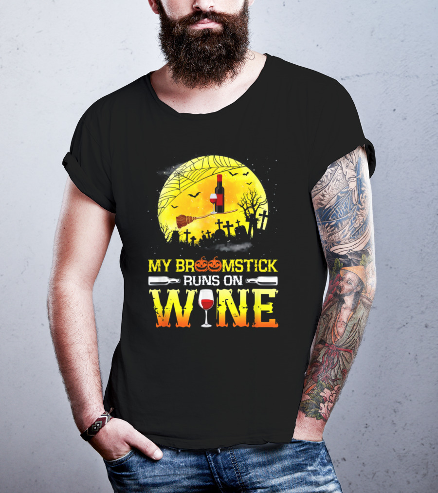 My Broomstick Runs On Wine Halloween Moon Pumpkins Graveyard Scene T-Shirt