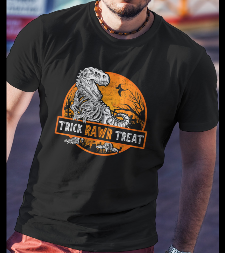 Trick Rawr Treat Halloween Skeleton T-Rex With Spooky Orange Background T-Shirt