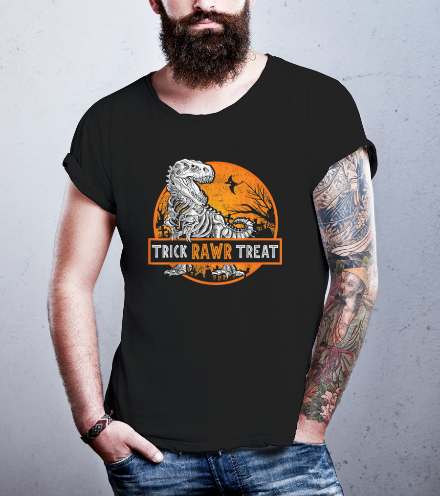 Trick Rawr Treat Halloween Skeleton T-Rex With Spooky Orange Background T-Shirt