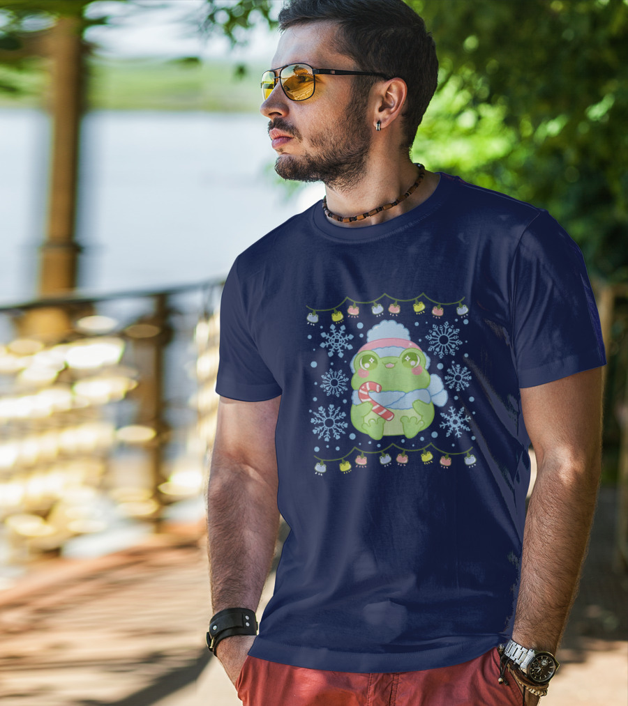 Merry Frogmas Cute Winter Frog With Candy Cane And Snowflakes T-Shirt