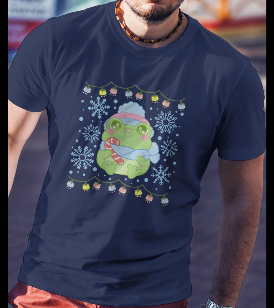 Merry Frogmas Cute Winter Frog With Candy Cane And Snowflakes T-Shirt