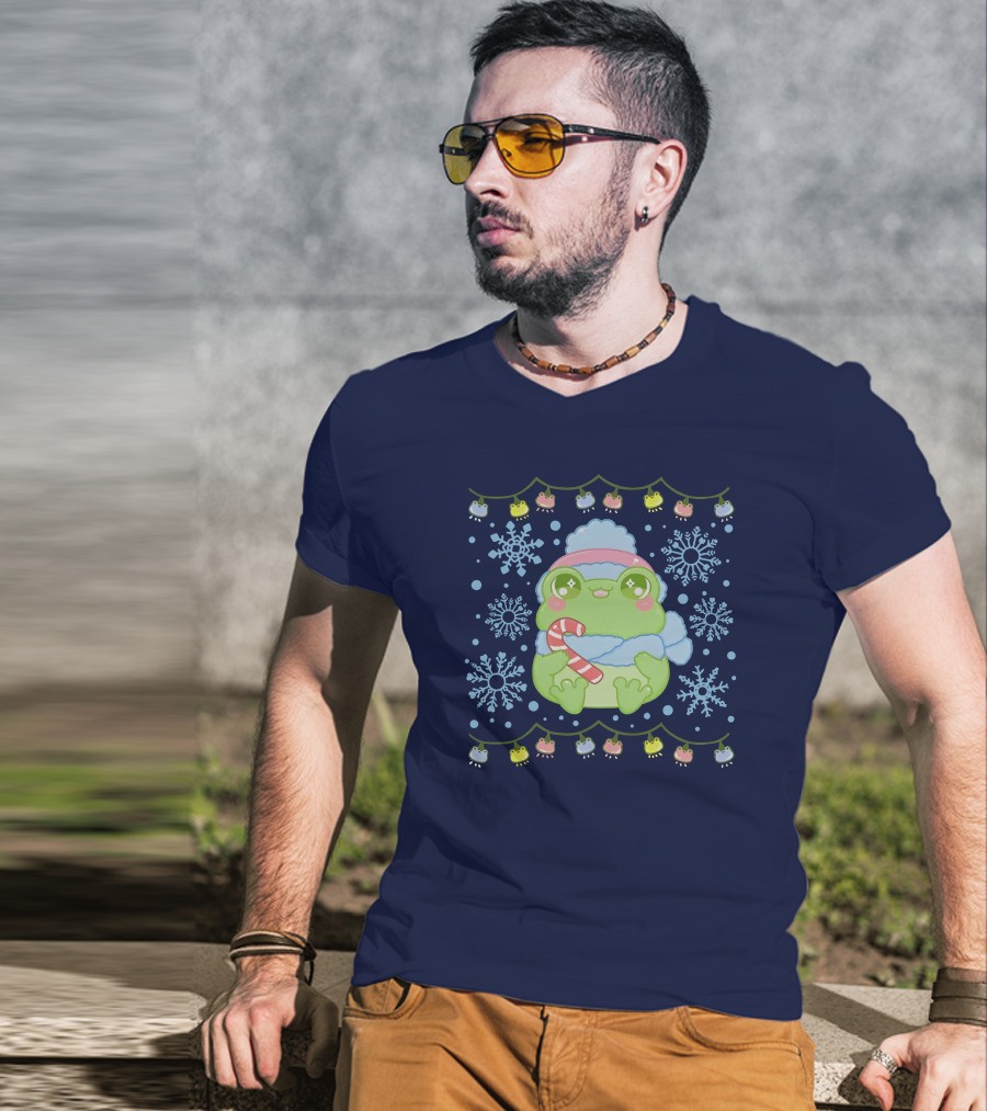 Merry Frogmas Cute Winter Frog With Candy Cane And Snowflakes T-Shirt