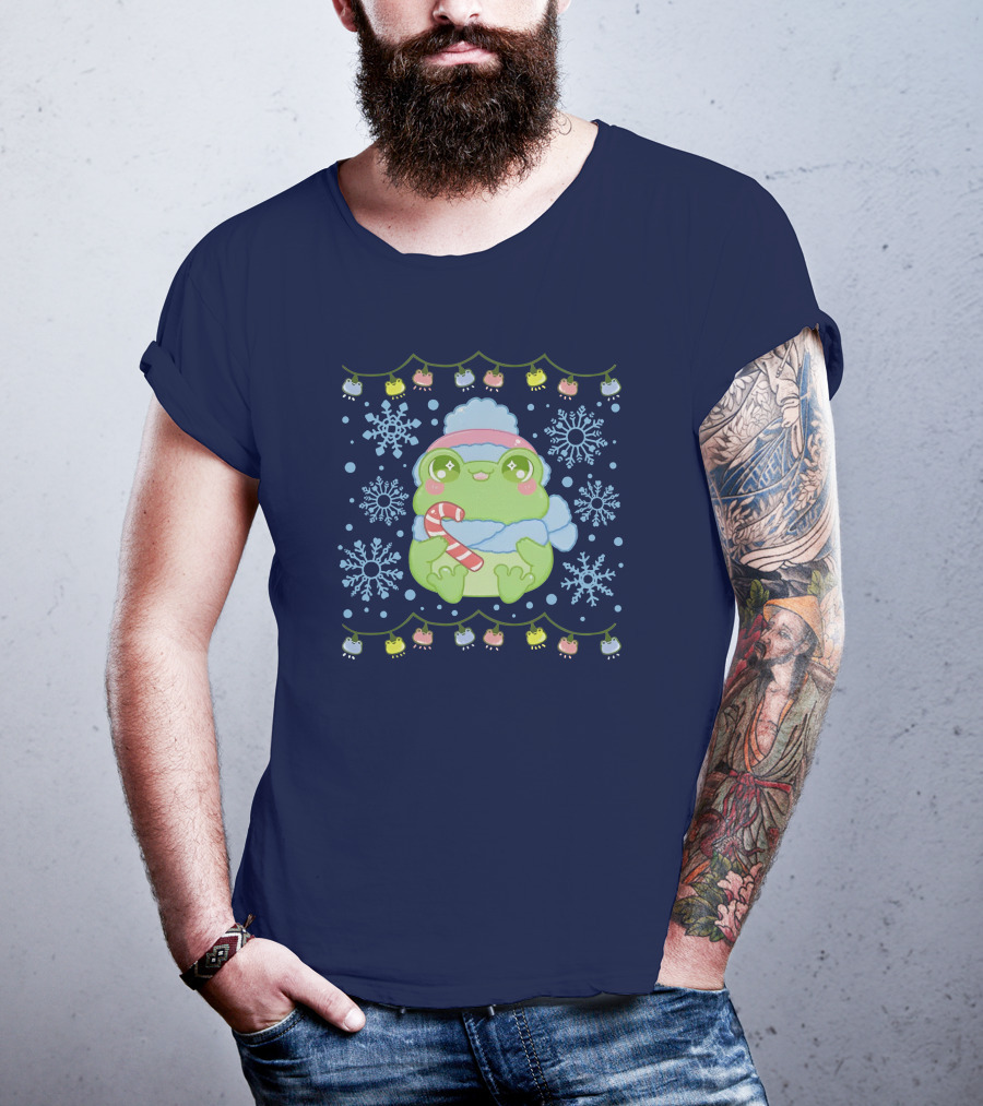Merry Frogmas Cute Winter Frog With Candy Cane And Snowflakes T-Shirt