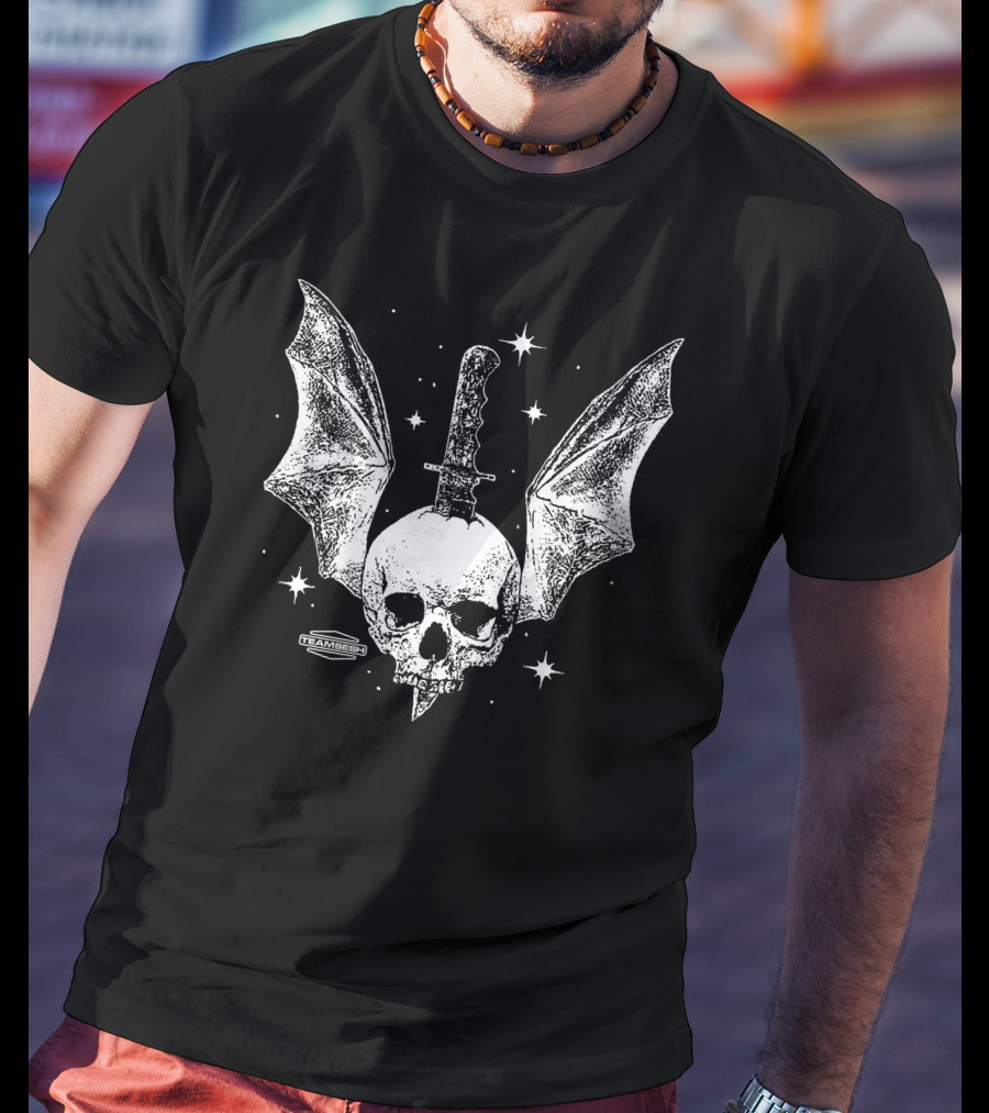 Teamsesh Skull With Bat Wings And Knife Starry Background T-Shirt