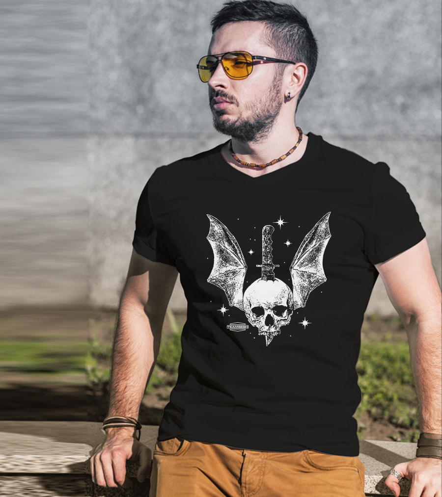 Teamsesh Skull With Bat Wings And Knife Starry Background T-Shirt