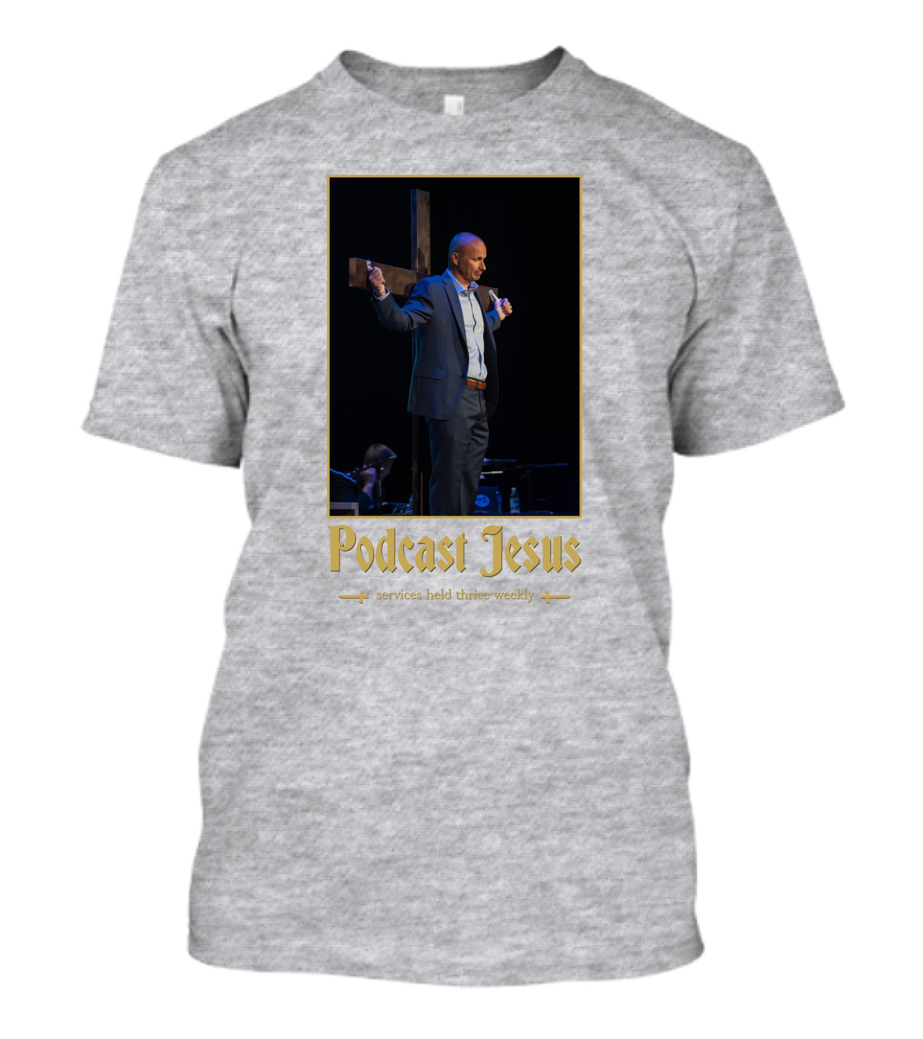 Podcast Jesus Services Held Thrice Weekly Speaker With Cross Image T-Shirt