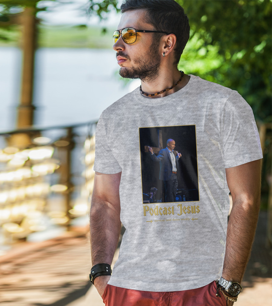 Podcast Jesus Services Held Thrice Weekly Speaker With Cross Image T-Shirt