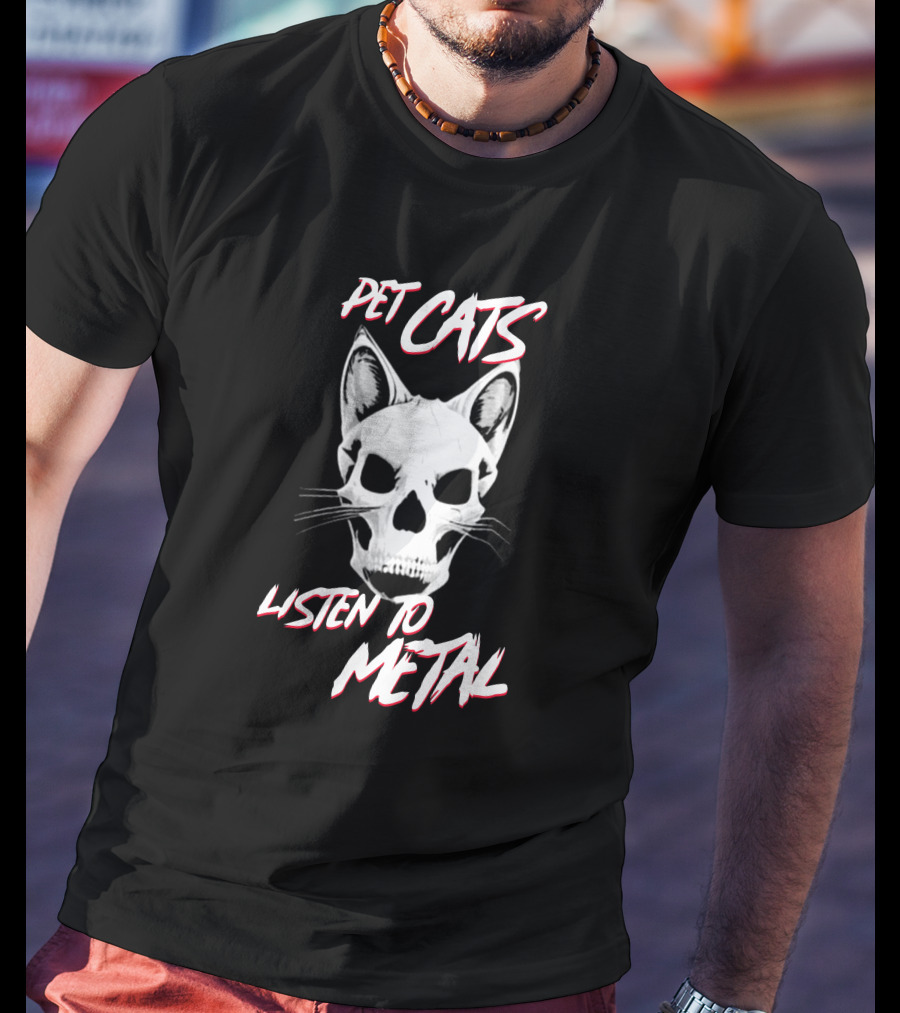 Pet Cats Listen To Metal Skull Cat Head T-Shirt
