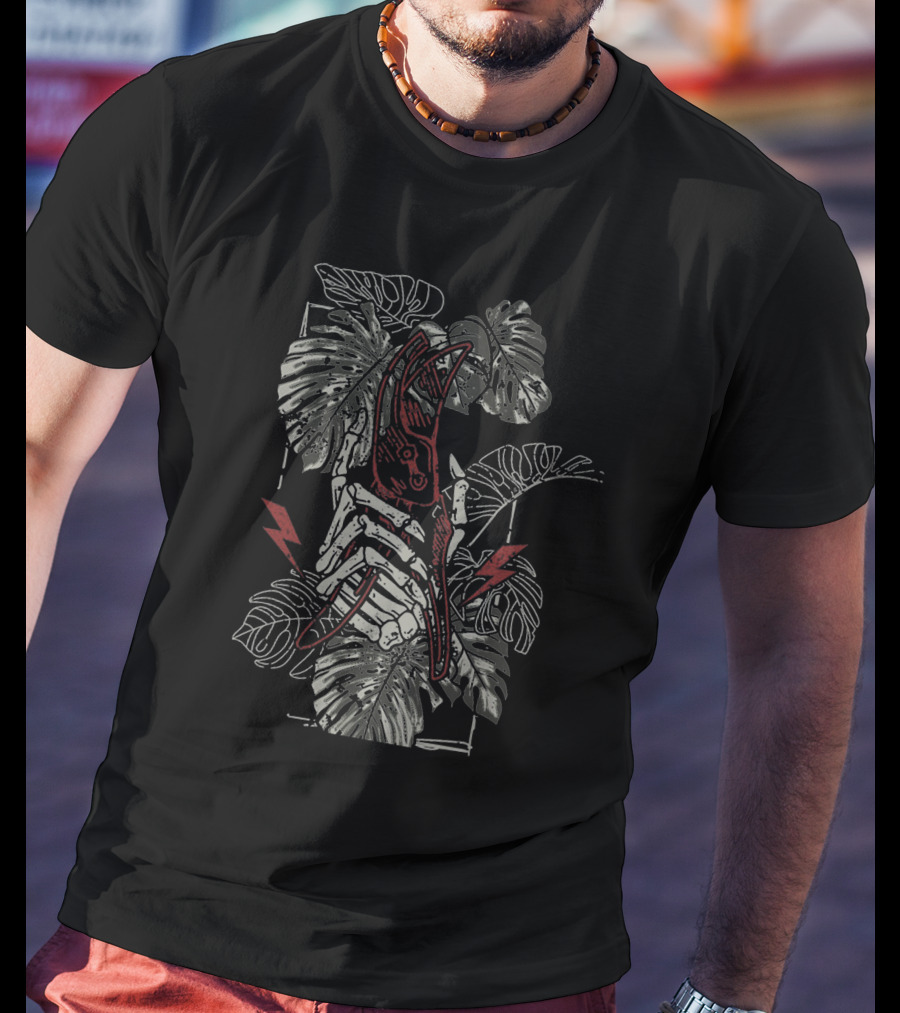 Julien Solomita Plant Energy Skeleton Hand Lightning Monstera Leaves T-Shirt