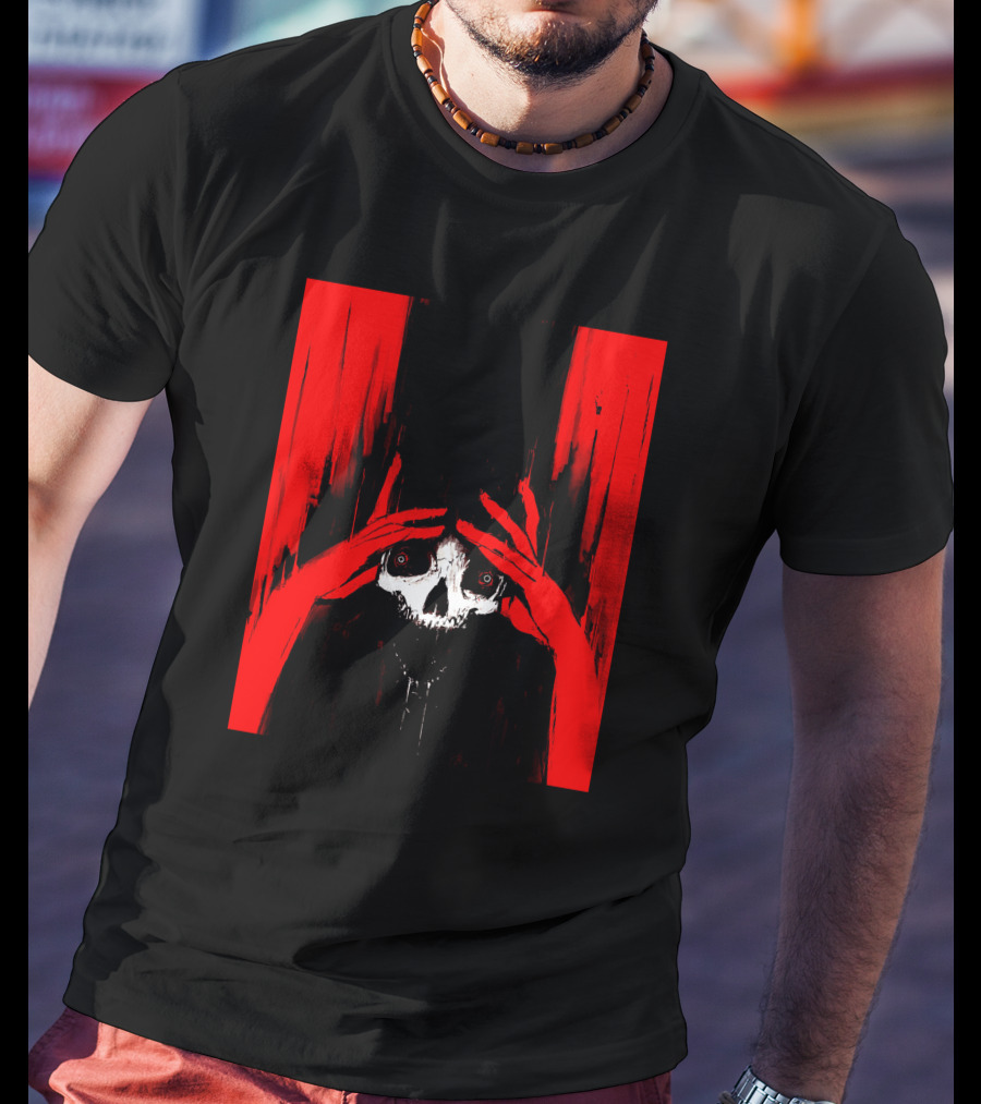 Pitch Canker Overwhelmed Skull In Red And Black T-Shirt