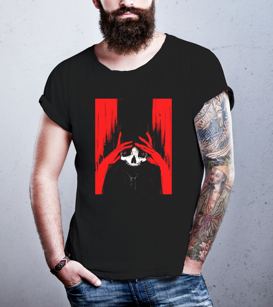 Pitch Canker Overwhelmed Skull In Red And Black T-Shirt