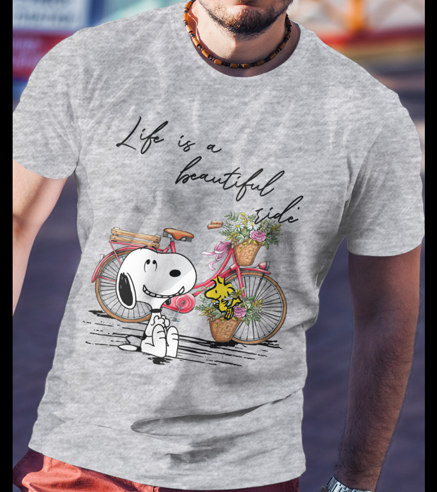 Life Is A Beautiful Ride With Snoopy And Woodstock On Floral Bicycle T-Shirt