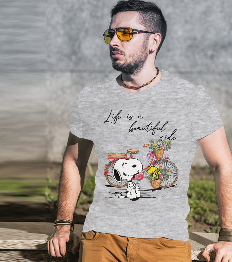 Life Is A Beautiful Ride With Snoopy And Woodstock On Floral Bicycle T-Shirt
