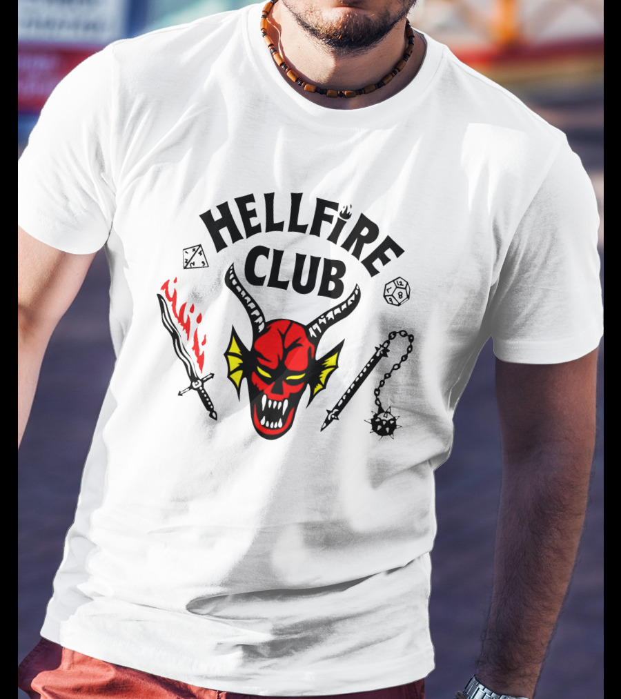 Mike Wheeler Hellfire Club Demon Sword Dice Dungeons Dragons Chains T-Shirt