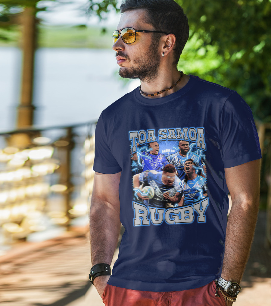 Toa Samoa Rugby Blue Jersey Action Lightning Background T-Shirt