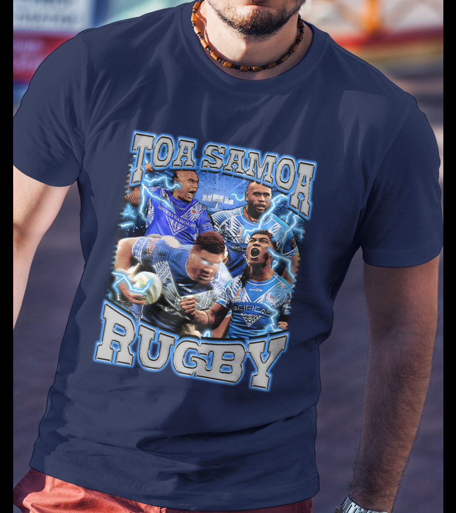 Toa Samoa Rugby Blue Jersey Action Lightning Background T-Shirt