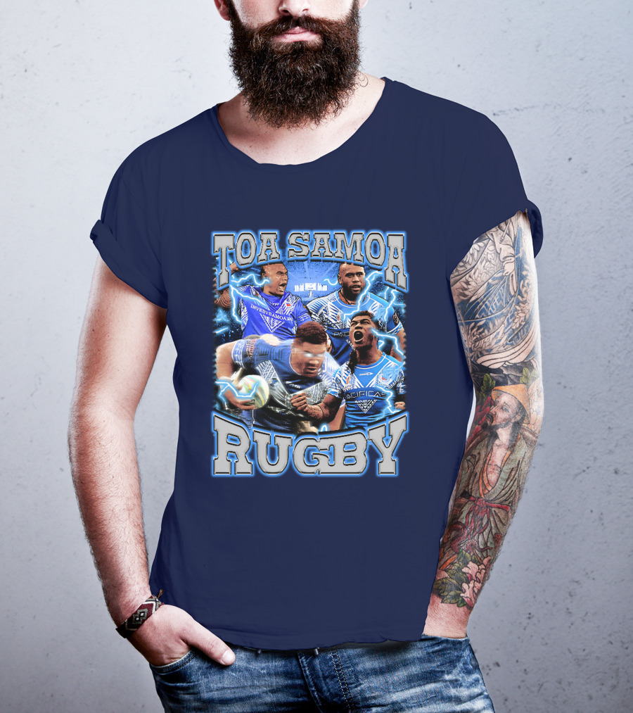Toa Samoa Rugby Blue Jersey Action Lightning Background T-Shirt