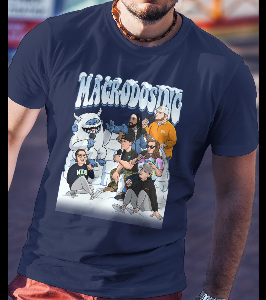 Macrodosing Yeti Podcast Group In Ice Fortress Scene With Microphones And Laughter T-Shirt