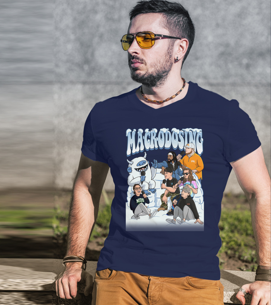 Macrodosing Yeti Podcast Group In Ice Fortress Scene With Microphones And Laughter T-Shirt