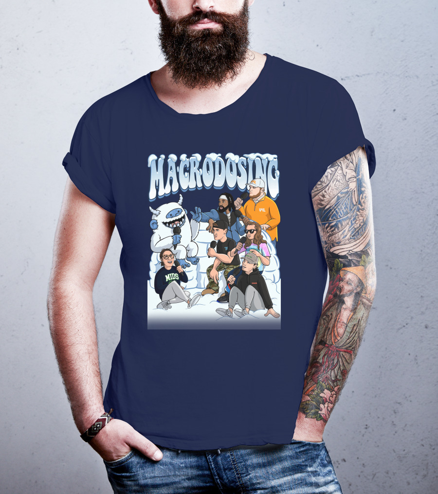 Macrodosing Yeti Podcast Group In Ice Fortress Scene With Microphones And Laughter T-Shirt