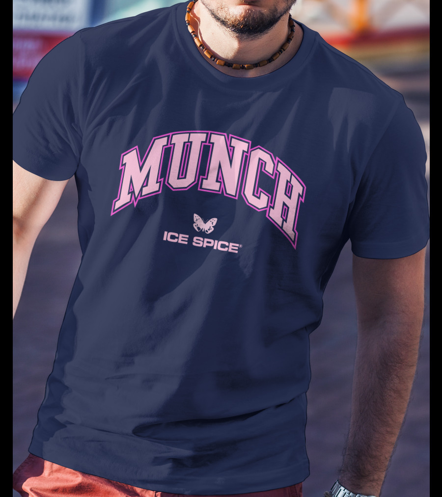 Munch Butterfly Ice Spice Pink Lettering Dark Blue Background T-Shirt
