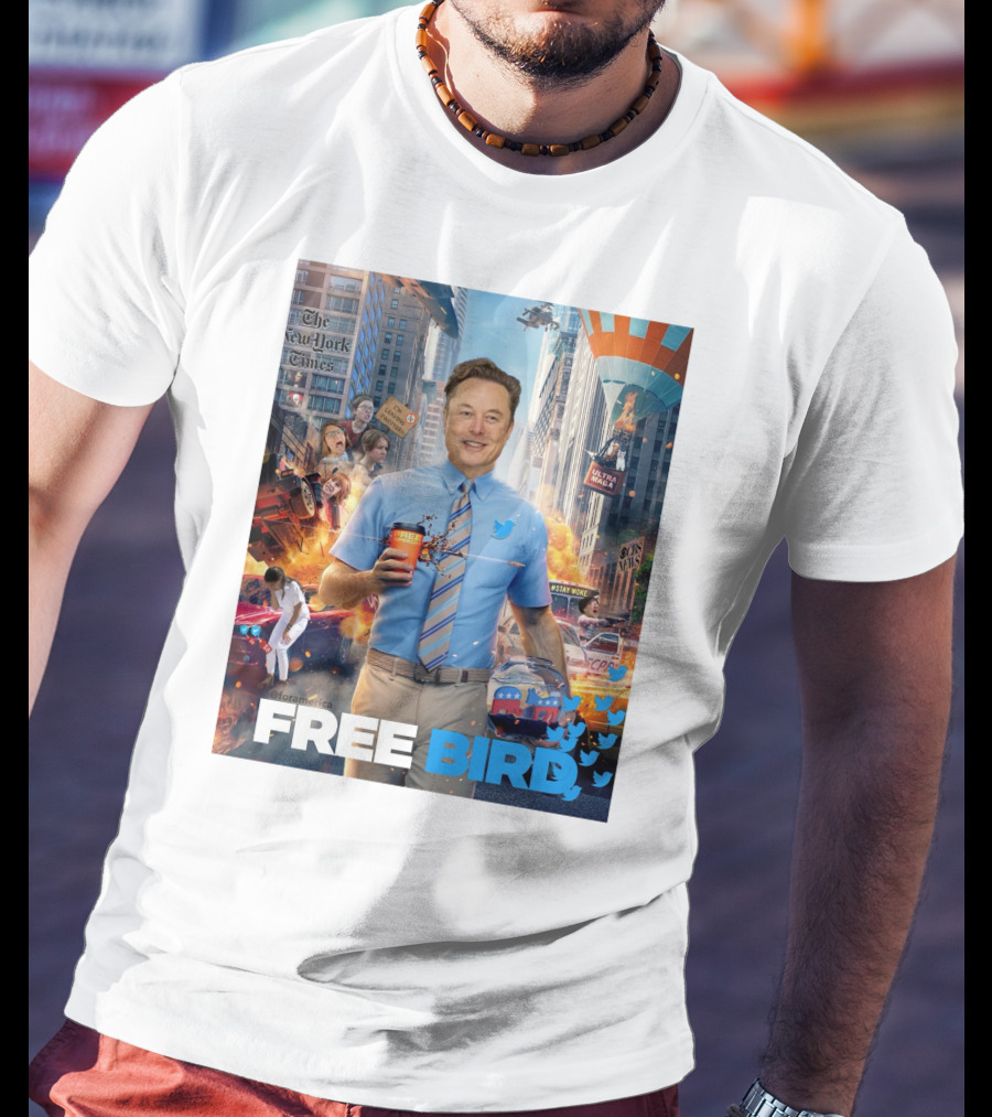 Elon Musk Free Bird I'm Leaving Twitter Chaos Explosion Cityscape Car Plane Twitter T-Shirt