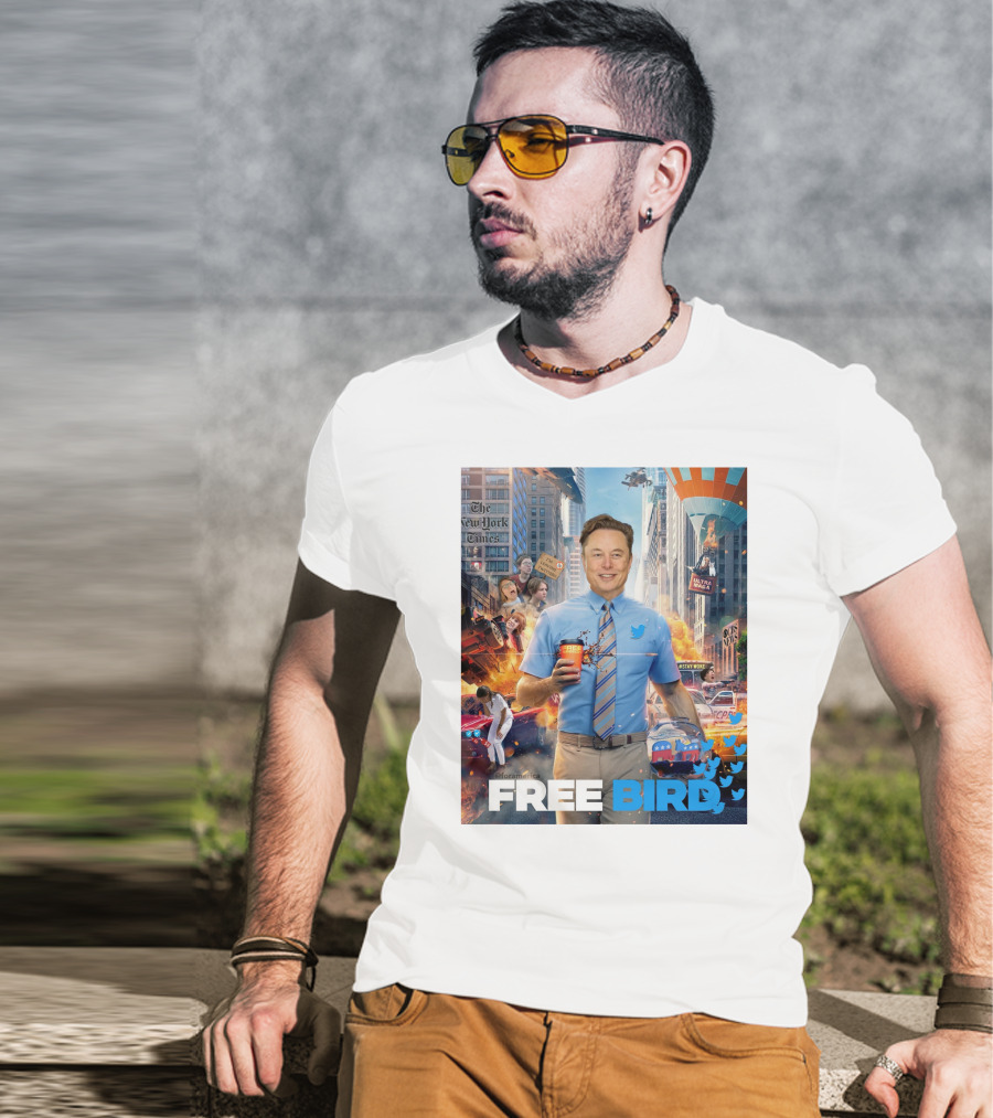 Elon Musk Free Bird I'm Leaving Twitter Chaos Explosion Cityscape Car Plane Twitter T-Shirt