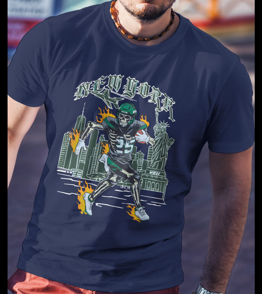 New York Ty Johnson Football Skyline Skeleton Art Flames Statue Of Liberty T-Shirt