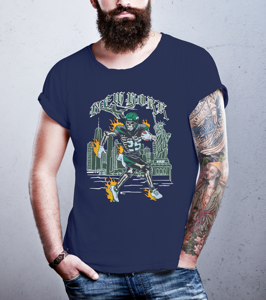 New York Ty Johnson Football Skyline Skeleton Art Flames Statue Of Liberty T-Shirt