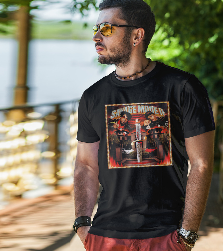 SAVAGE MODE II Knife Car Mansion Flames T-Shirt