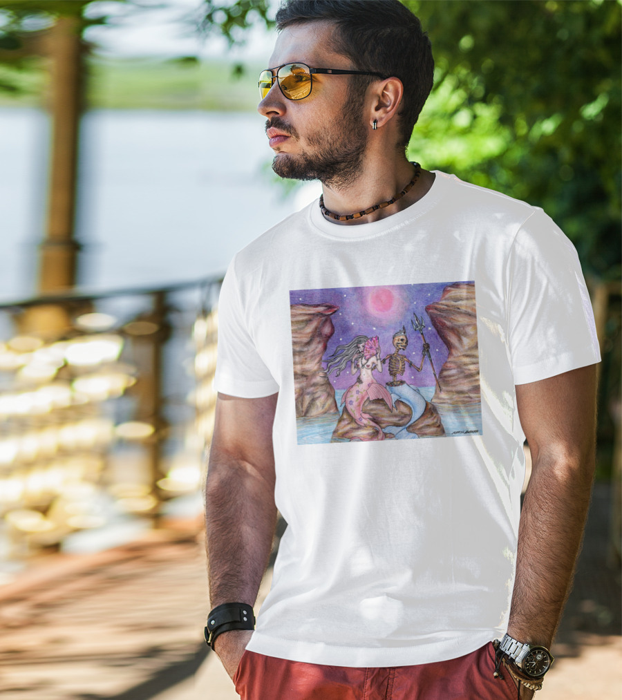 Marcos Alvarado Sea Of Love Mermaid And Skeleton Under Pink Moon T-Shirt