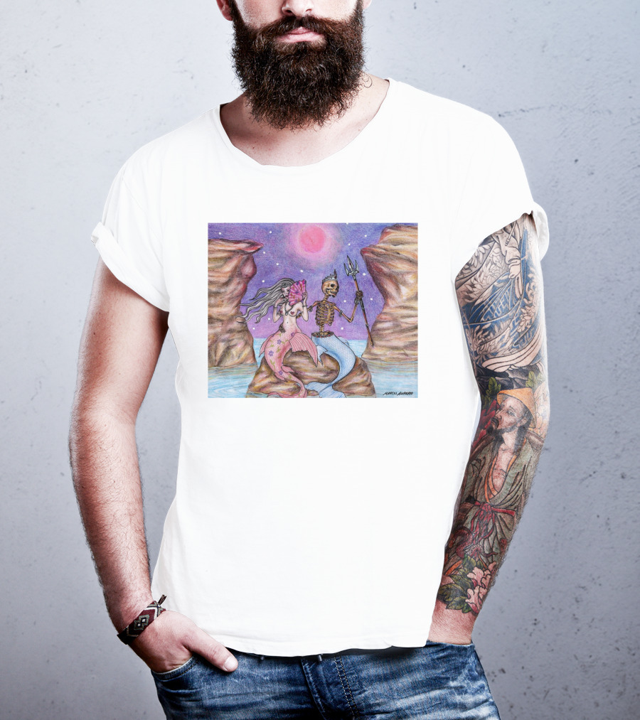 Marcos Alvarado Sea Of Love Mermaid And Skeleton Under Pink Moon T-Shirt